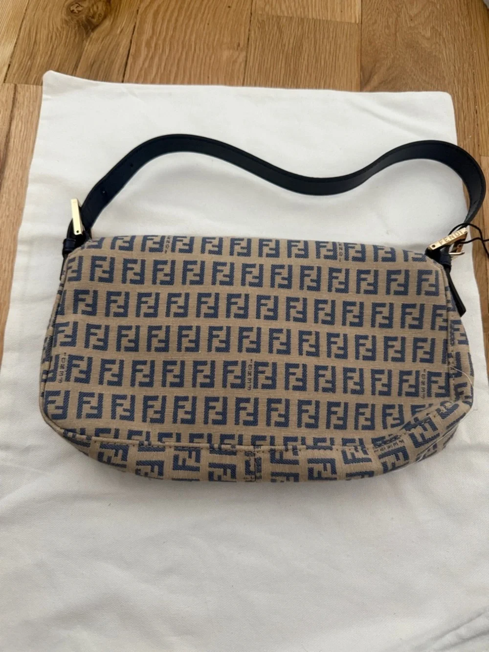 Fendi Saddle Bag Tan Blue Canvas Gold Buckle